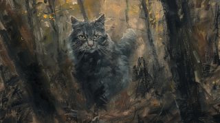 Simplistic Pastel Art: Grey Cat Amidst Foggy Forest Trees