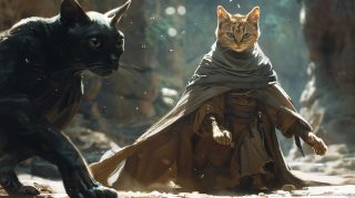 Immersive Dungeons and Dragons Style: Humanoid Cat and Beholder Battle