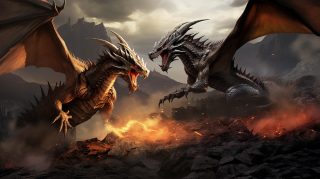 Roaring Rivalry: Dragons Engaged in Battle Wallpaper