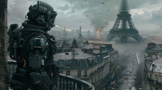 Tech-Infused Combat: Future War Scenes in Paris Wallpaper