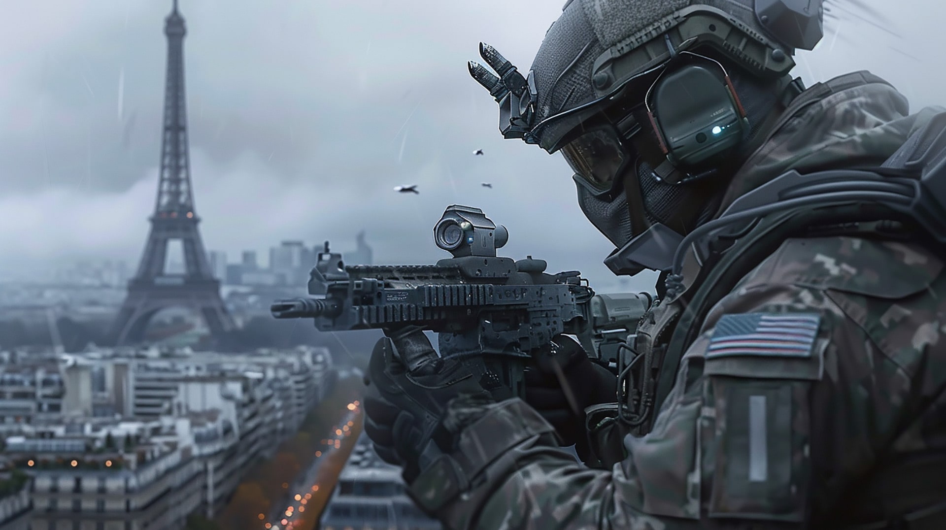 Parisian Battlefield: Future War Soldier Tech Wallpaper