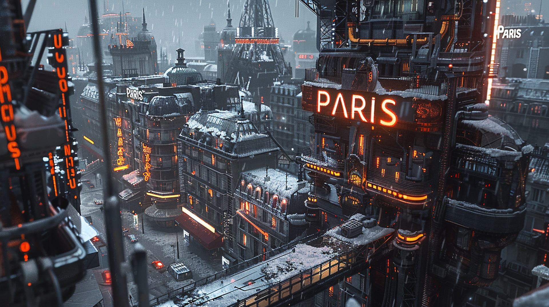 Neon Nexus: Digital Wallpaper of Futuristic Paris Tech City