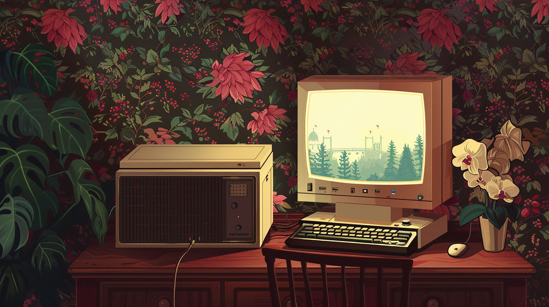 AI-Generated Dark Red Vintage Computer Wallpaper