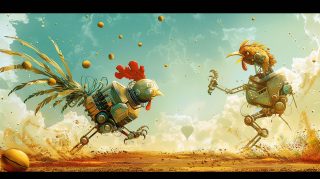 AI-generated robot rooster battle wallpaper